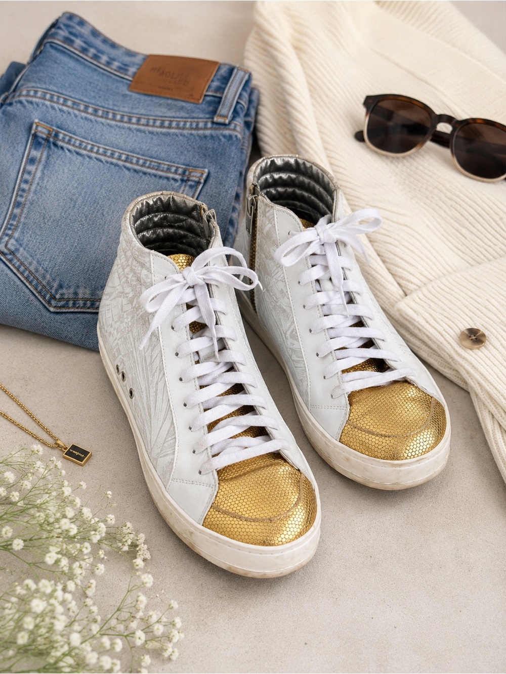 P448 Women’s White High-Top Sneakers with Gold Toe